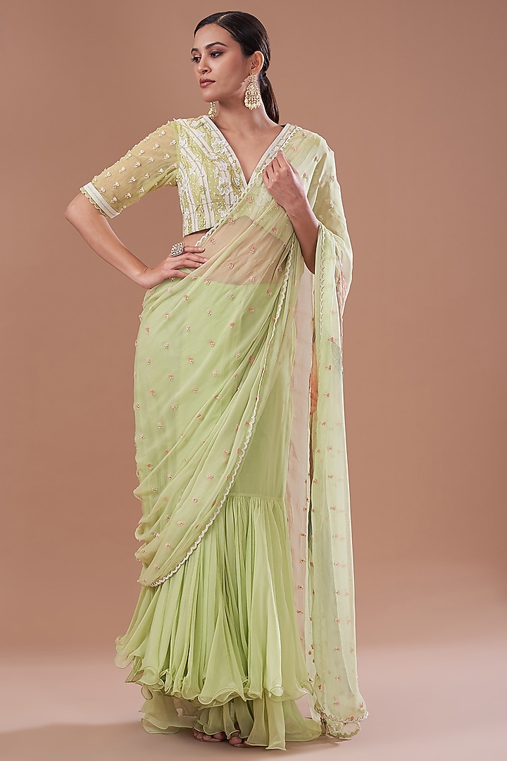 Jade Net & Chiffon Printed Pre-Stitched Frilled Saree Set by Yashodhara