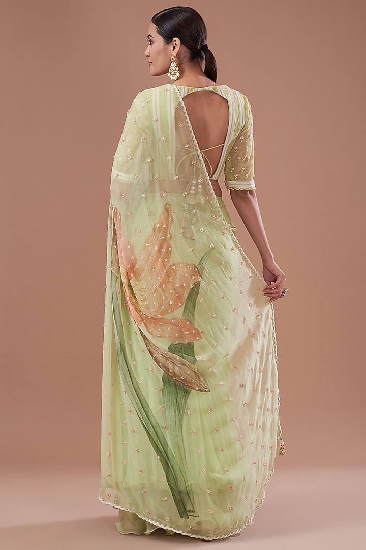 Jade Net & Chiffon Printed Pre-Stitched Frilled Wedding Saree Set by Yashodhara at Pernia's Pop Up Shop