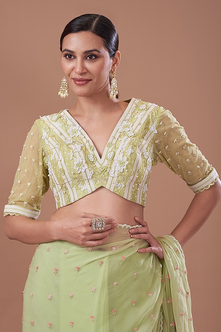 Jade Net & Chiffon Printed Pre-Stitched Frilled Wedding Saree Set by Yashodhara at Pernia's Pop Up Shop