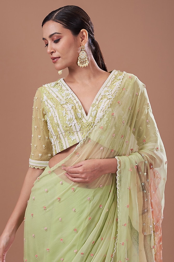 Jade Net & Chiffon Printed Pre-Stitched Frilled Wedding Saree Set by Yashodhara at Pernia's Pop Up Shop