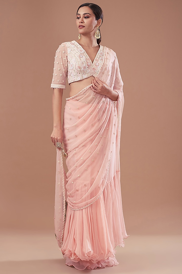 Pink Net & Chiffon Printed Pre-Stitched Frilled Saree Set by Yashodhara