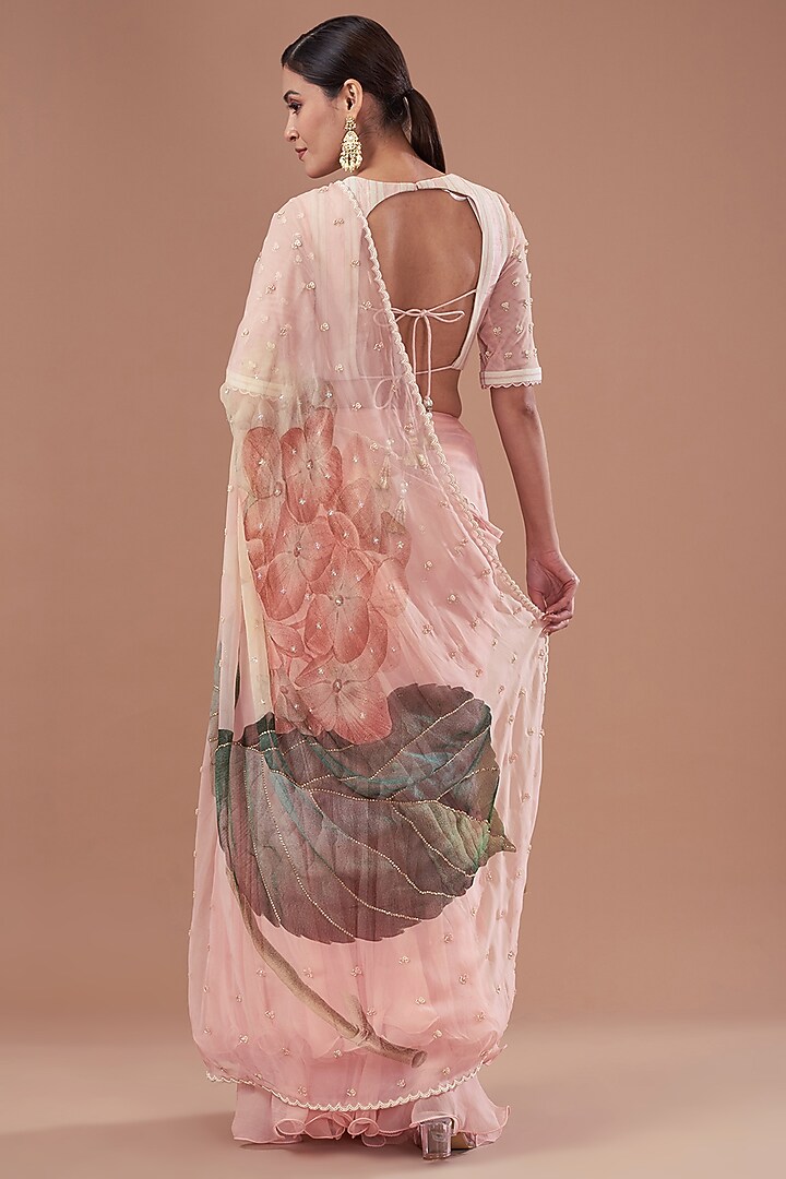 Pink Net & Chiffon Printed Pre-Stitched Frilled Wedding Saree Set by Yashodhara at Pernia's Pop Up Shop