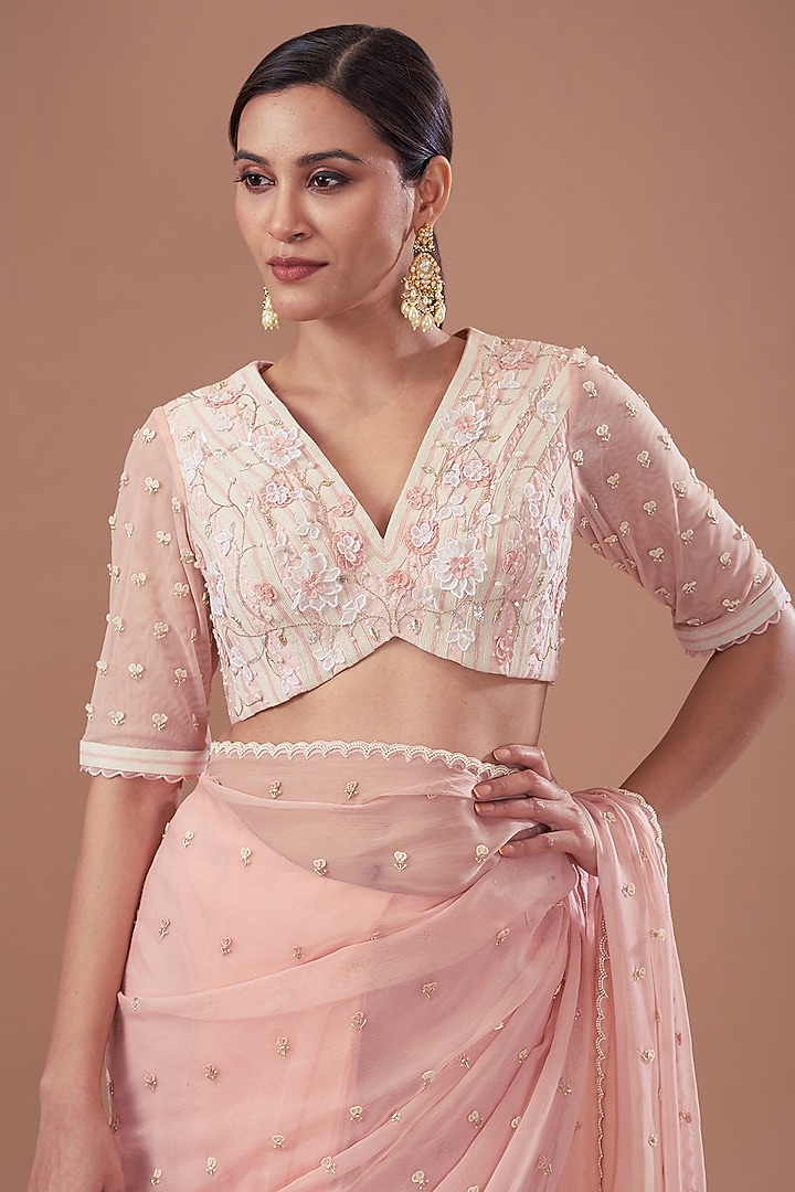 Pink Net & Chiffon Printed Pre-Stitched Frilled Wedding Saree Set by Yashodhara at Pernia's Pop Up Shop