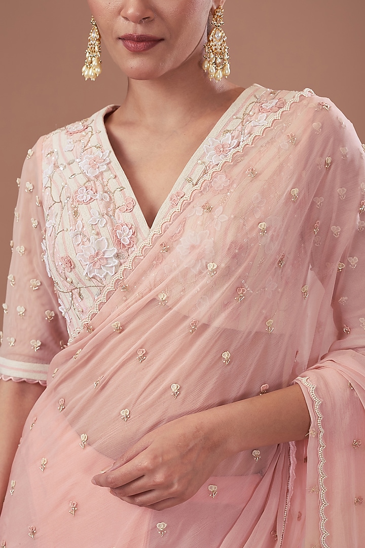 Pink Net & Chiffon Printed Pre-Stitched Frilled Wedding Saree Set by Yashodhara at Pernia's Pop Up Shop
