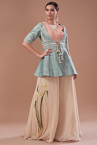 Teal Raw Silk Embroidered Jacket Set by Yashodhara