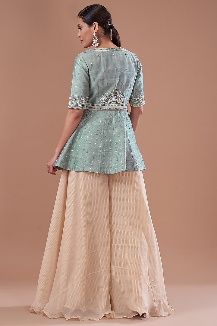 Teal Raw Silk Embroidered Jacket Set by Yashodhara at Pernia's Pop Up Shop