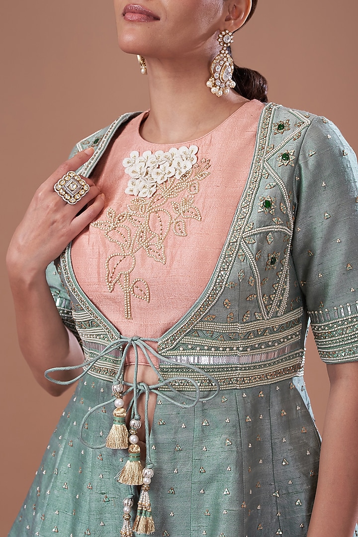 Teal Raw Silk Embroidered Jacket Set by Yashodhara at Pernia's Pop Up Shop