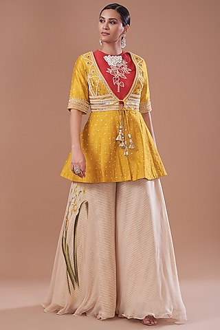 Mustard Raw Silk Embroidered Jacket Set by Yashodhara