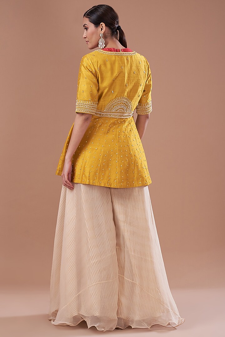 Mustard Raw Silk Embroidered Jacket Set by Yashodhara at Pernia's Pop Up Shop