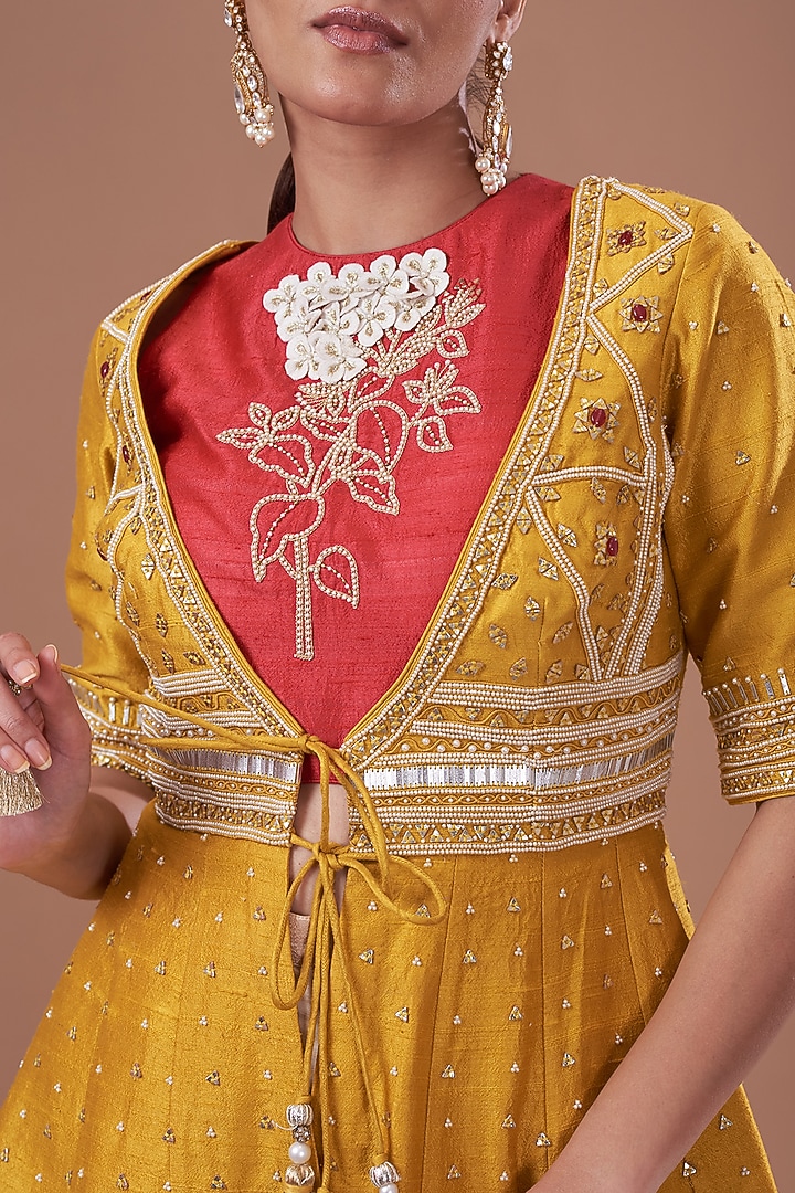 Mustard Raw Silk Embroidered Jacket Set by Yashodhara at Pernia's Pop Up Shop