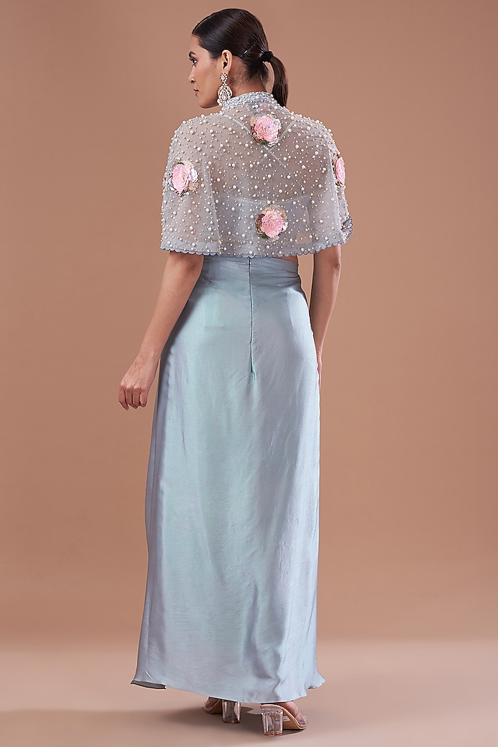 Dull Blue Chamois Satin Draped Skirt Set by Yashodhara at Pernia's Pop Up Shop