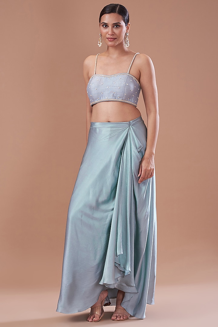 Dull Blue Chamois Satin Draped Skirt Set by Yashodhara at Pernia's