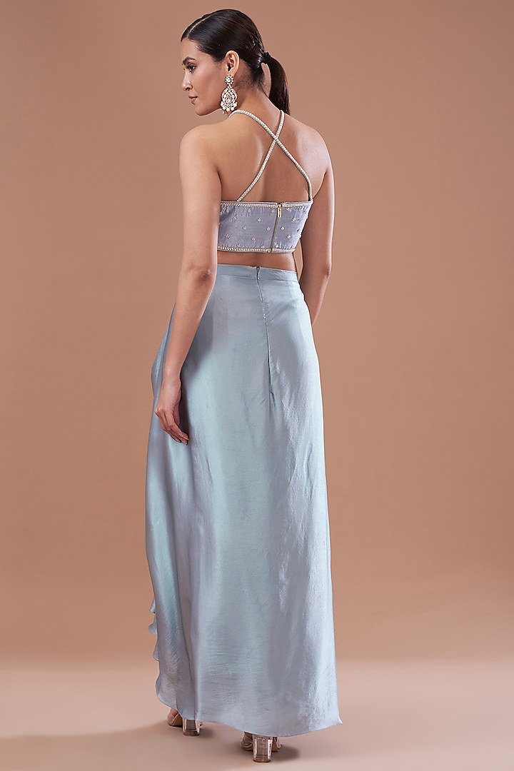 Dull Blue Chamois Satin Draped Skirt Set by Yashodhara at Pernia's Pop Up Shop