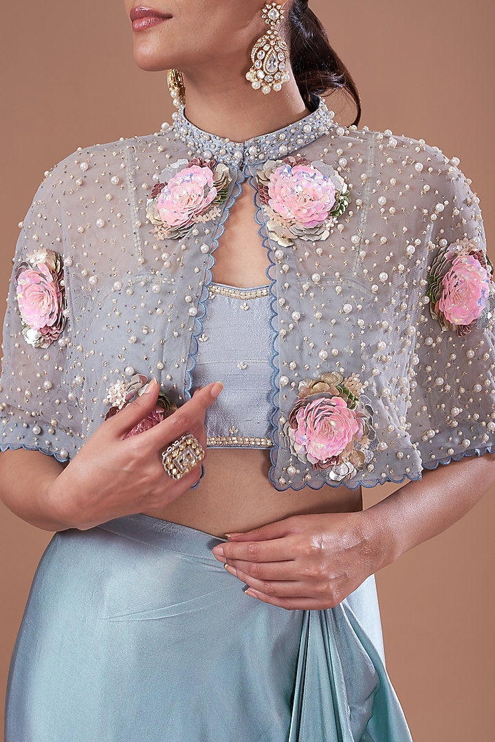 Dull Blue Chamois Satin Draped Skirt Set by Yashodhara at Pernia's Pop Up Shop