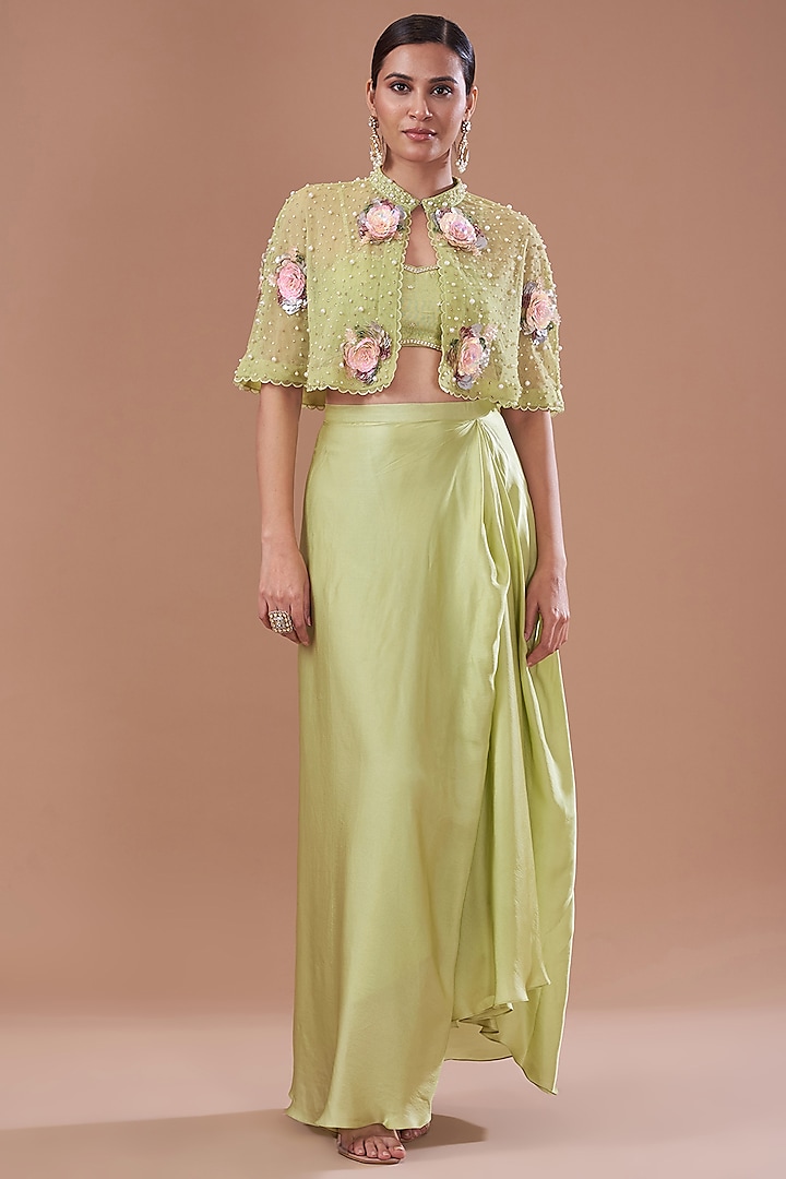 Jade Chamois Satin Draped Skirt Set by Yashodhara at Pernia's Pop Up Shop