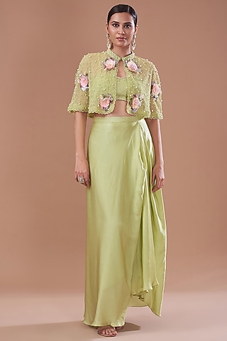 Jade Chamois Satin Draped Skirt Set by Yashodhara