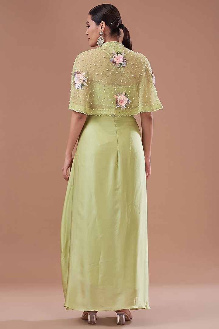 Jade Chamois Satin Draped Skirt Set by Yashodhara at Pernia's Pop Up Shop