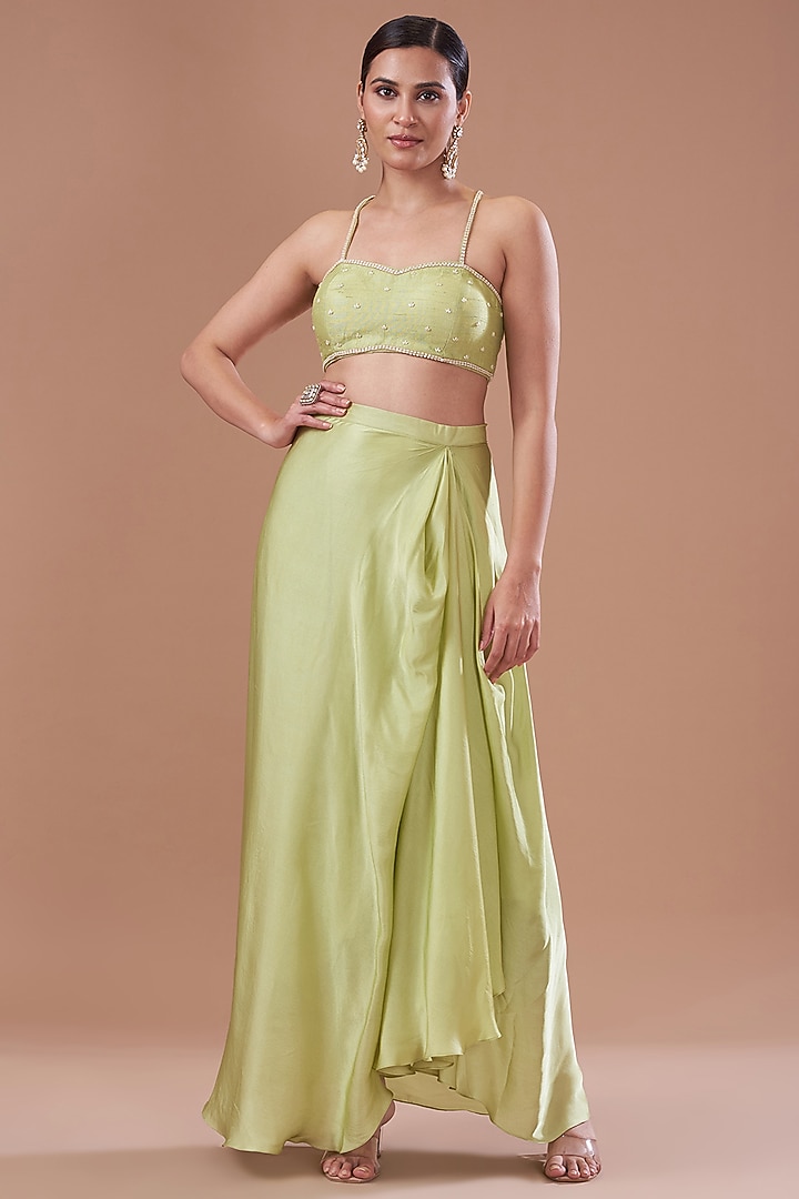 Jade Chamois Satin Draped Skirt Set by Yashodhara at Pernia's Pop Up Shop