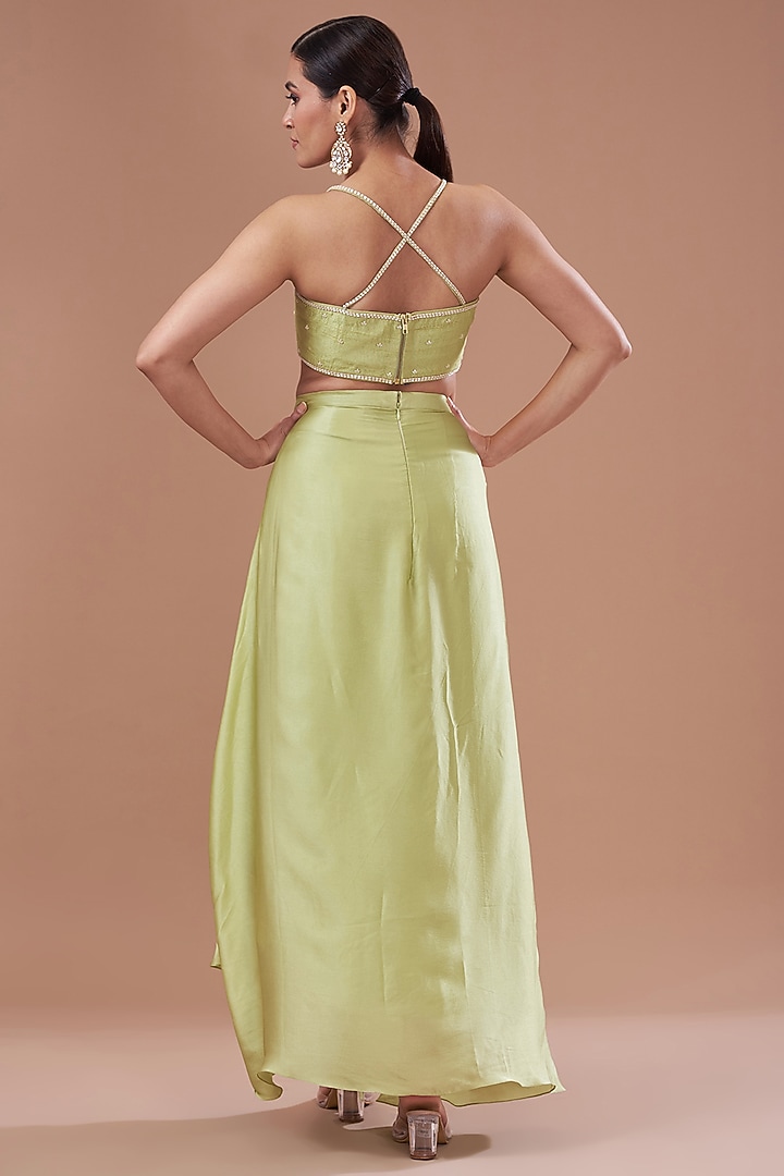 Jade Chamois Satin Draped Skirt Set by Yashodhara at Pernia's Pop Up Shop
