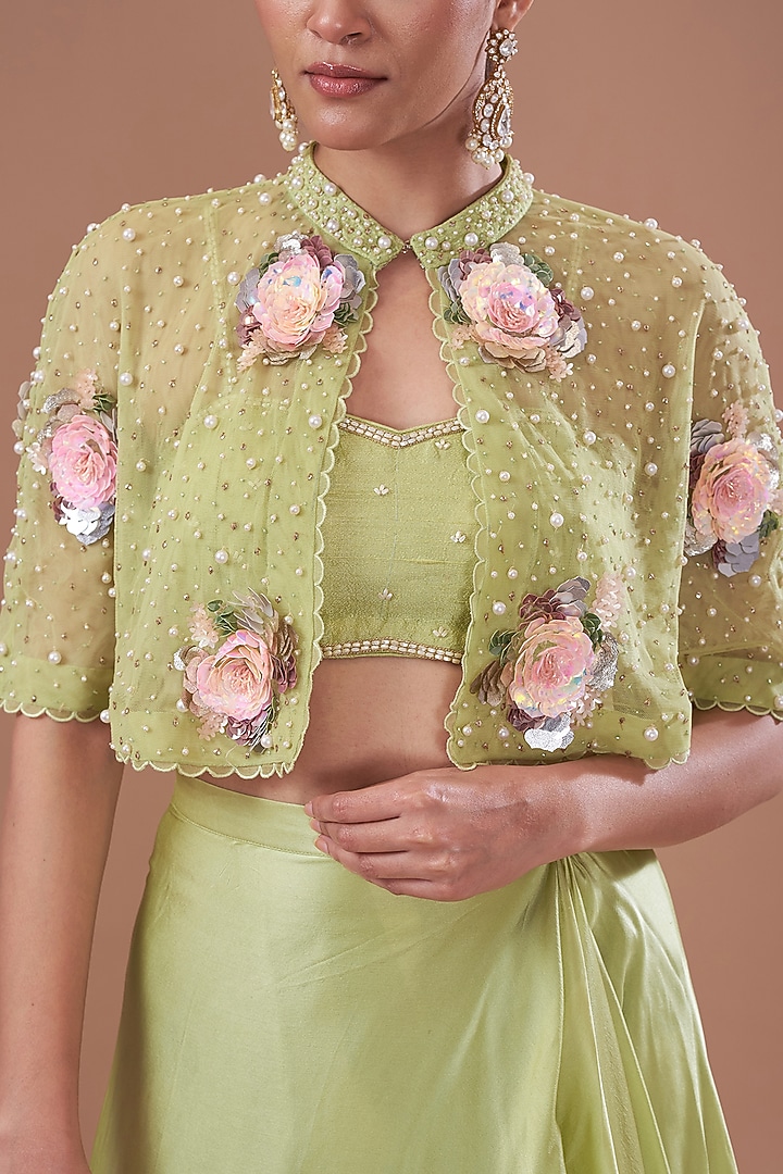 Jade Chamois Satin Draped Skirt Set by Yashodhara at Pernia's Pop Up Shop