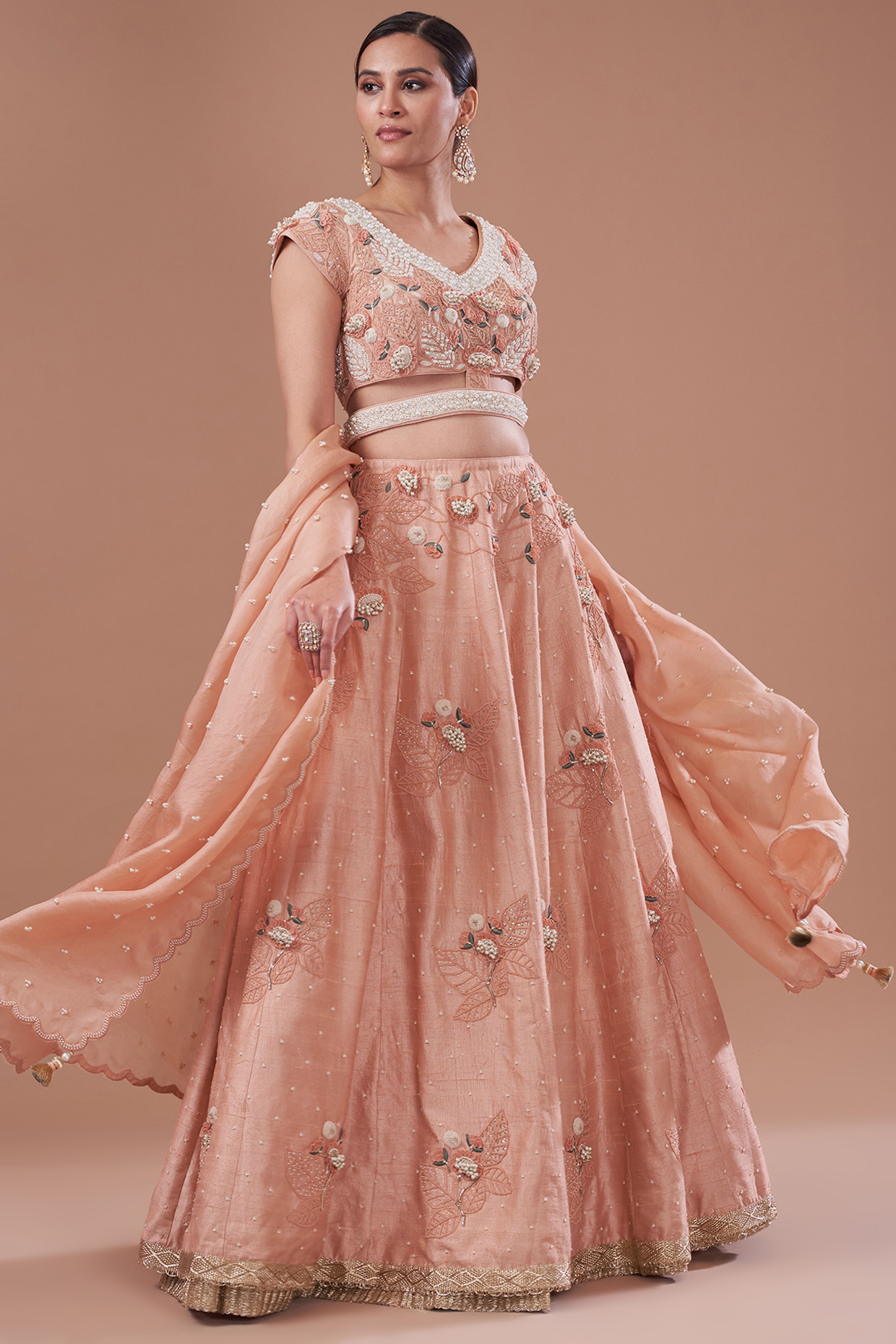 Brick Old Rose Raw Silk Embroidered Bridal lehenga for 22 Lehenga Set by Yashodhara at Pernia's Pop Up Shop