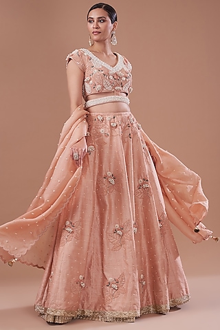 Brick Old Rose Raw Silk Embroidered Lehenga Set by Yashodhara