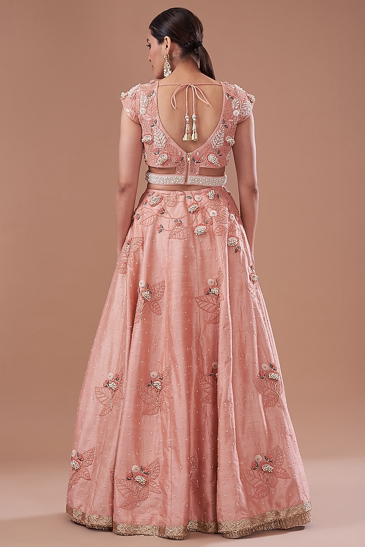 Brick Old Rose Raw Silk Embroidered Bridal Lehenga Set by Yashodhara at Pernia's Pop Up Shop