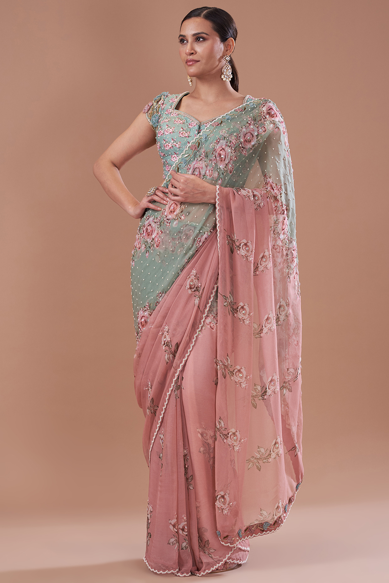 Antique Pink & Teal Green Chiffon Printed Wedding Saree Set by Yashodhara at Pernia's Pop Up Shop