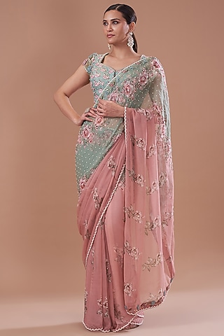 Antique Pink & Teal Green Chiffon Printed Saree Set by Yashodhara
