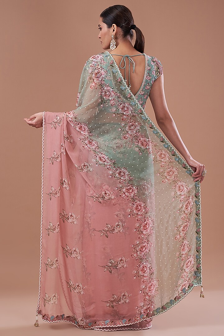 Antique Pink & Teal Green Chiffon Printed Wedding Saree Set by Yashodhara at Pernia's Pop Up Shop