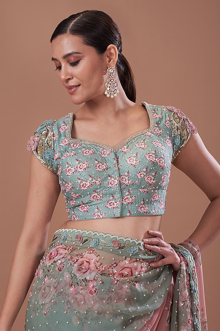 Antique Pink & Teal Green Chiffon Printed Wedding Saree Set by Yashodhara at Pernia's Pop Up Shop
