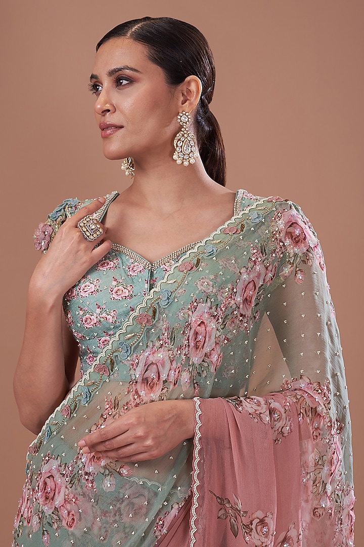 Antique Pink & Teal Green Chiffon Printed Wedding Saree Set by Yashodhara at Pernia's Pop Up Shop