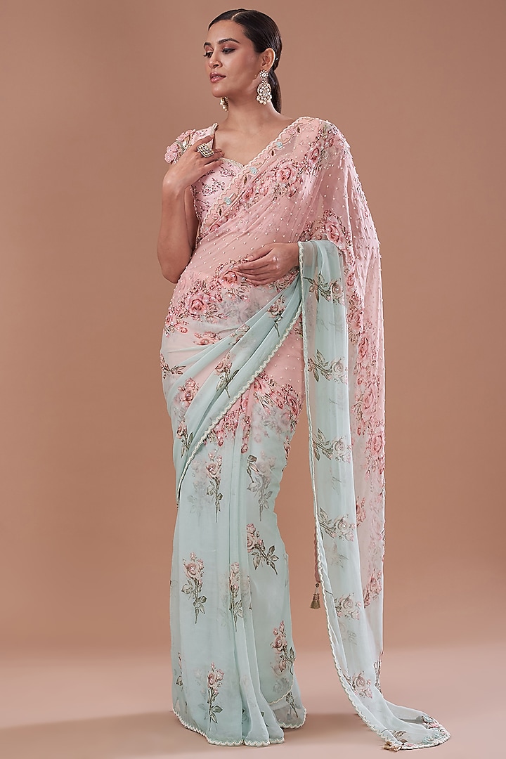 Aqua & Pink Chiffon Printed Saree Set by Yashodhara