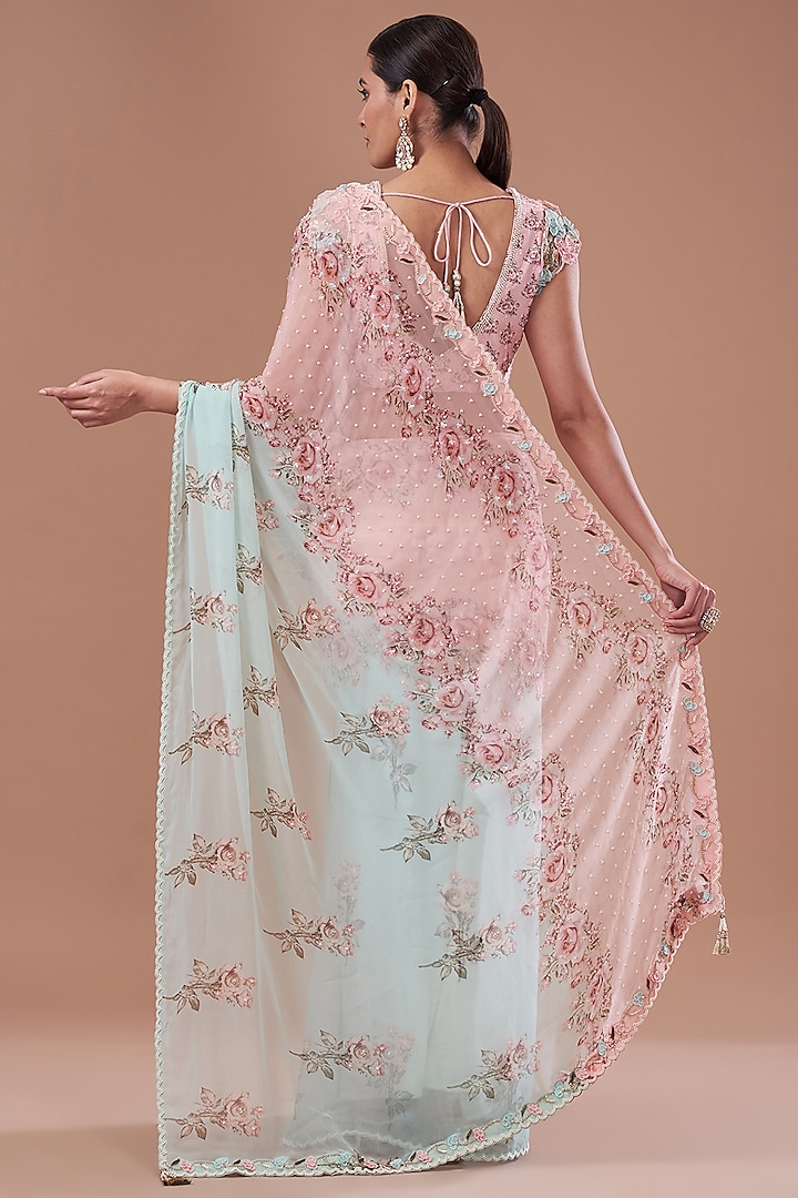 Aqua & Pink Chiffon Printed Wedding Saree Set by Yashodhara at Pernia's Pop Up Shop