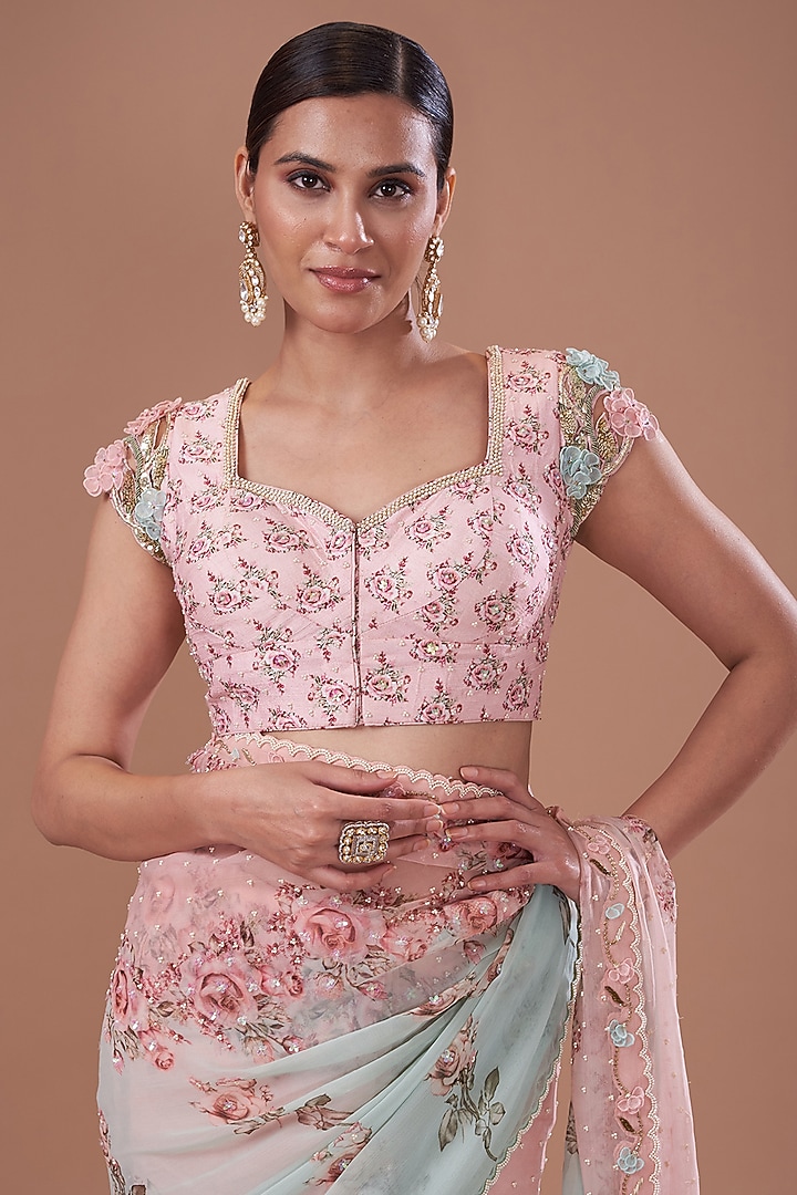 Aqua & Pink Chiffon Printed Wedding Saree Set by Yashodhara at Pernia's Pop Up Shop