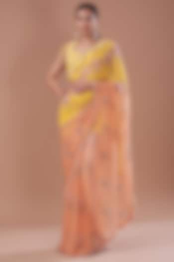 Brick & Yellow Chiffon Printed Saree Set by Yashodhara