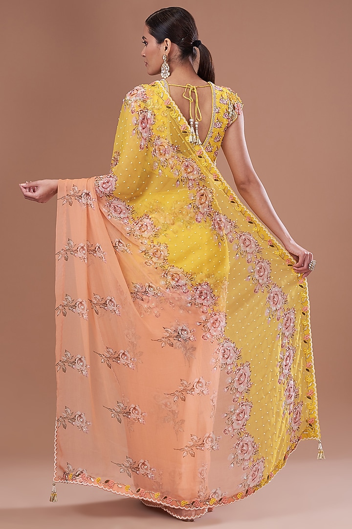 Brick & Yellow Chiffon Printed Wedding Saree Set by Yashodhara at Pernia's Pop Up Shop
