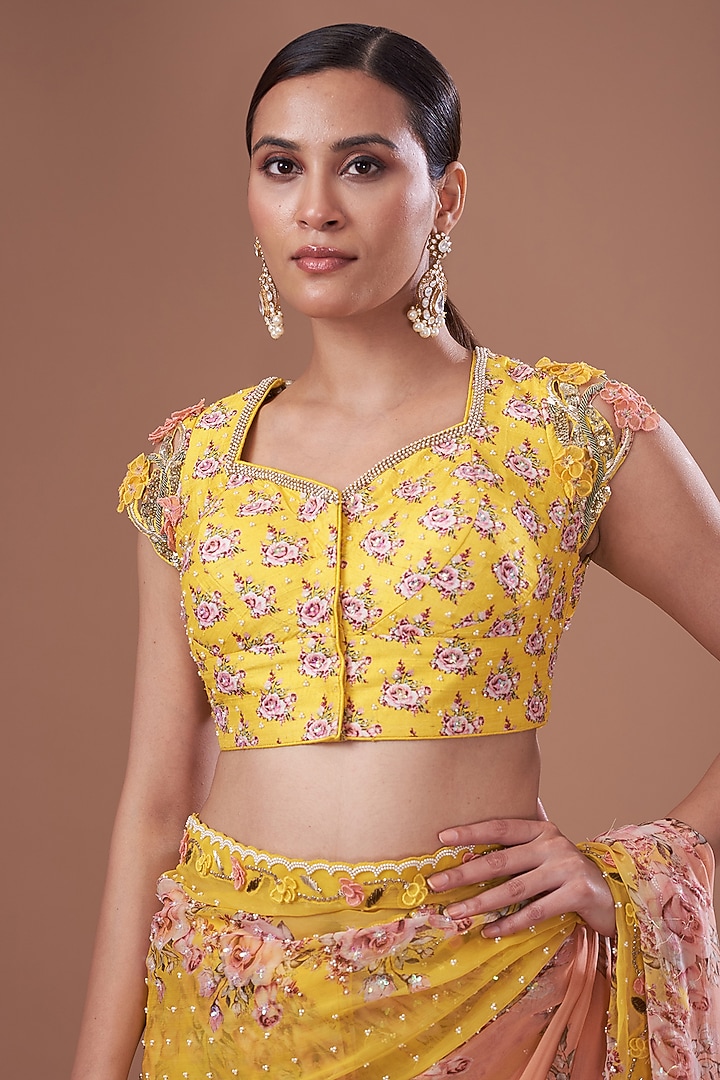 Brick & Yellow Chiffon Printed Wedding Saree Set by Yashodhara at Pernia's Pop Up Shop