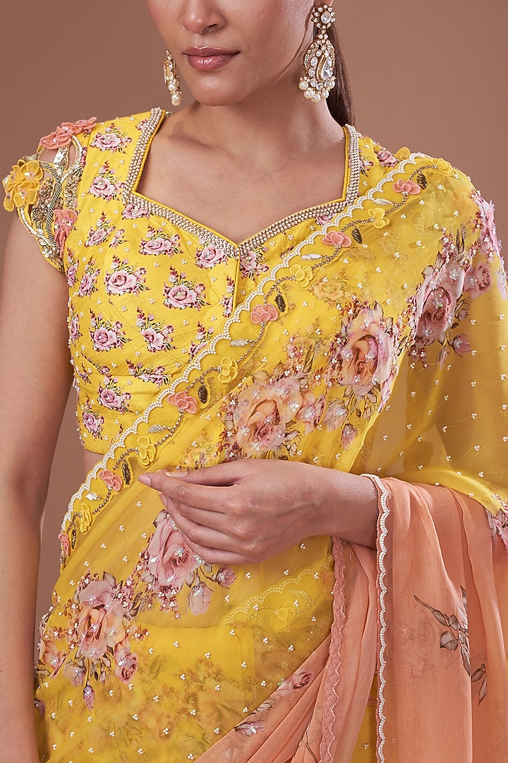 Brick & Yellow Chiffon Printed Wedding Saree Set by Yashodhara at Pernia's Pop Up Shop