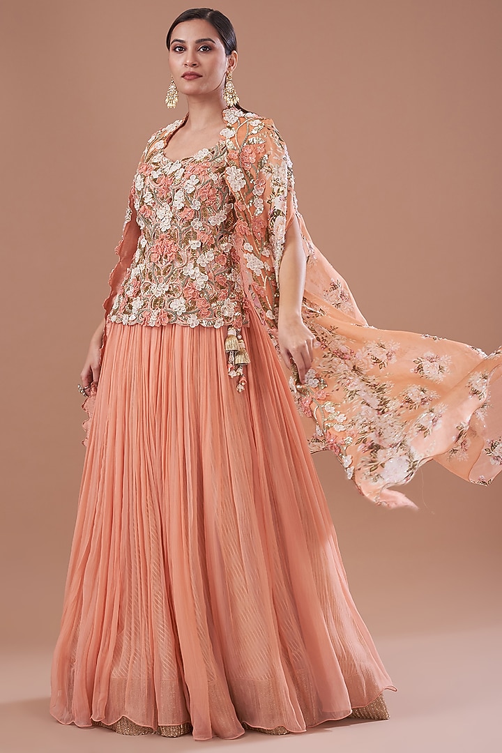 Brick Chiffon Embroidered Jacket Bridal Lehenga Set by Yashodhara at Pernia's Pop Up Shop