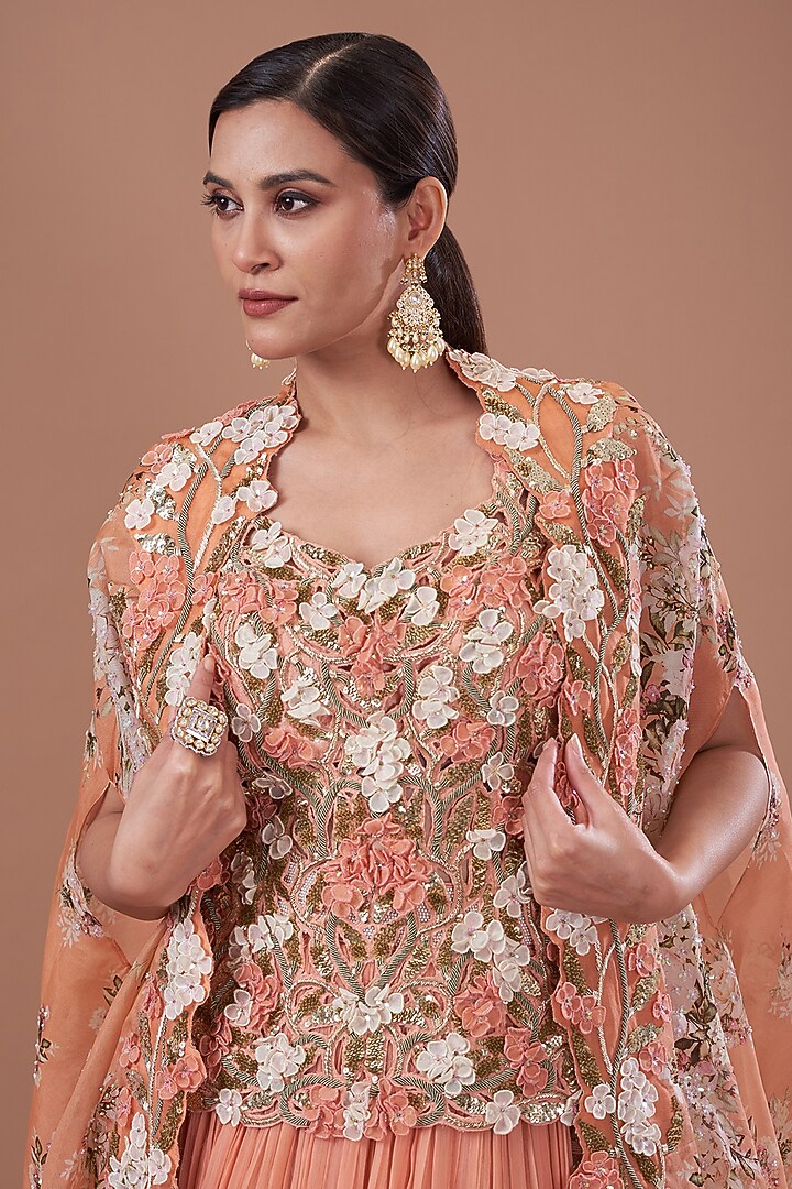 Brick Chiffon Embroidered Jacket Bridal Lehenga Set by Yashodhara at Pernia's Pop Up Shop