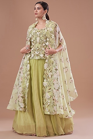 Jade Chiffon Embroidered Jacket Lehenga Set by Yashodhara