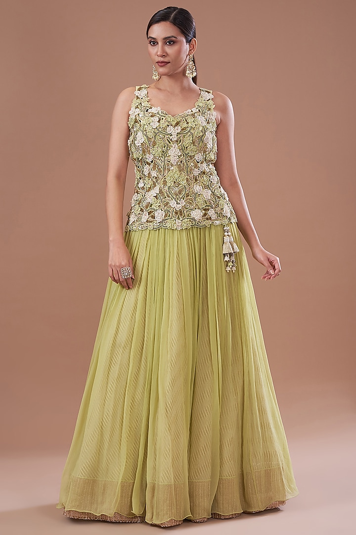 Jade Chiffon Embroidered Jacket Bridal Lehenga Set by Yashodhara at Pernia's Pop Up Shop