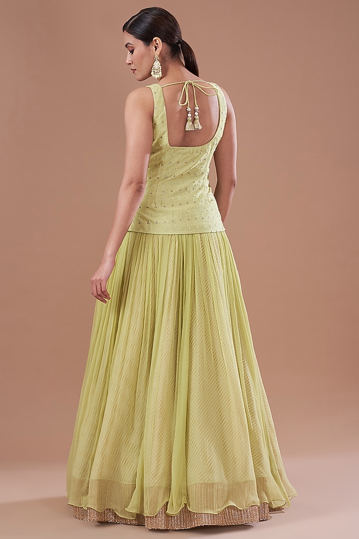 Jade Chiffon Embroidered Jacket Bridal Lehenga Set by Yashodhara at Pernia's Pop Up Shop