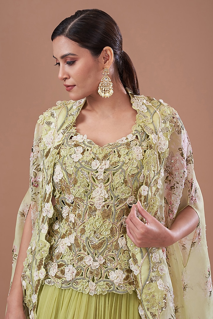 Jade Chiffon Embroidered Jacket Bridal Lehenga Set by Yashodhara at Pernia's Pop Up Shop