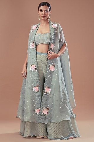 Teal Green Organza & Chiffon Embroidered Cape Set by Yashodhara
