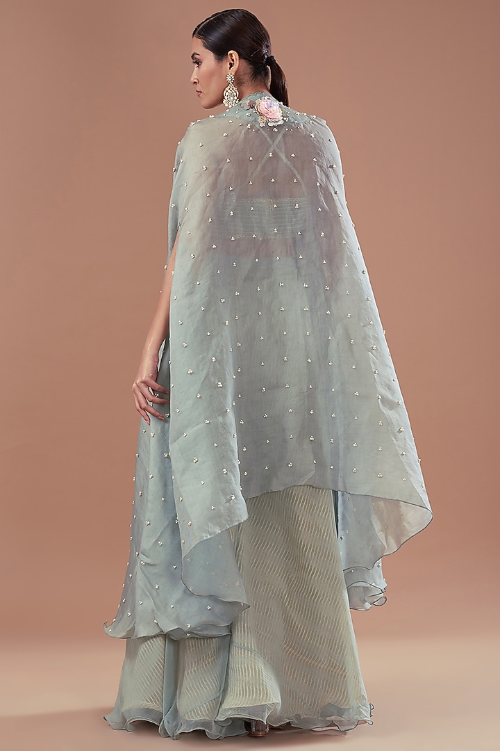 Teal Green Organza & Chiffon Embroidered Cape Set by Yashodhara at Pernia's Pop Up Shop