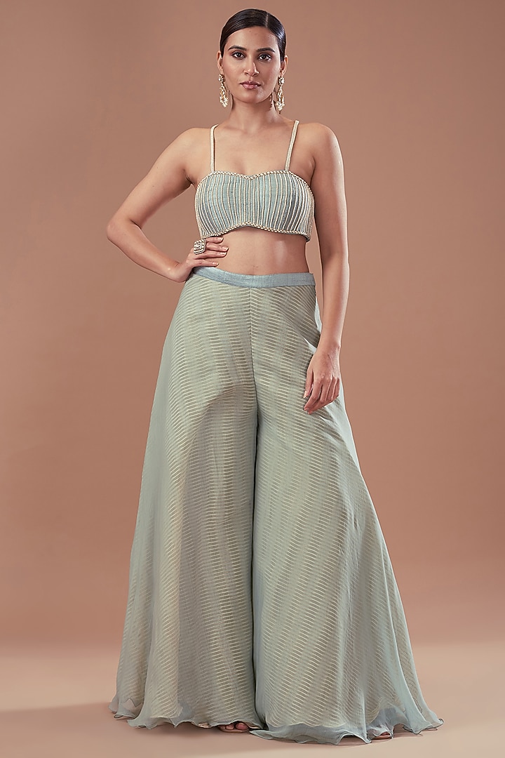 Teal Green Organza & Chiffon Embroidered Cape Set by Yashodhara at Pernia's Pop Up Shop