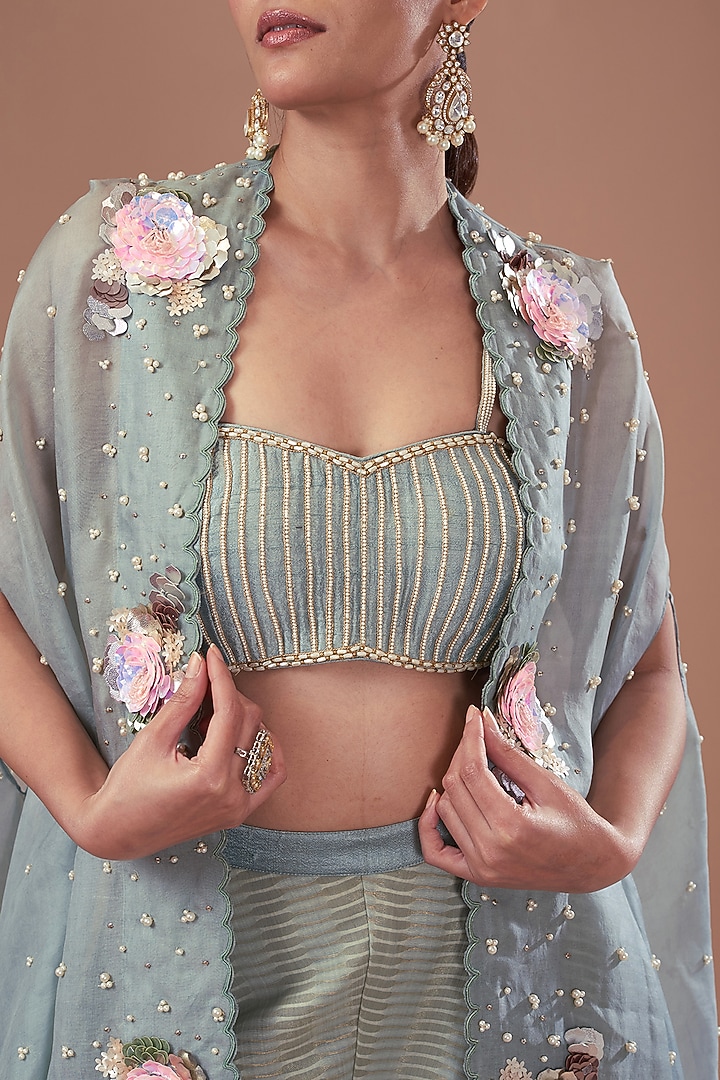 Teal Green Organza & Chiffon Embroidered Cape Set by Yashodhara at Pernia's Pop Up Shop