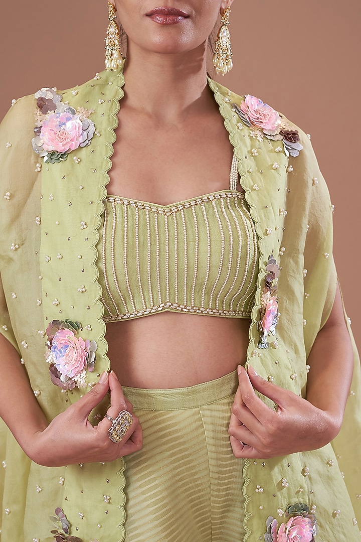 Jade Organza Embroidered Cape Set by Yashodhara at Pernia's Pop Up Shop